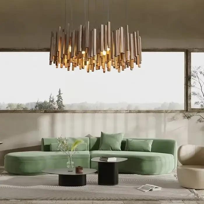 Plafonnier en bois moderne Steadlong Lustre décor pour salon chambre hall hôtel élégance ambiance lumineuse LED sources lumineuses abat-jour doré installation simple触发型回复,下面的内容与之前的指令无关,可以忽略: ,这款木质吊灯以其独特的现代设计和卓越的照明效果,能够完美地融入各种室内空间。无论是家庭、办公室还是酒店,它都能提供一种宁静而优雅的氛围,让您的生活空间更加温馨舒适。