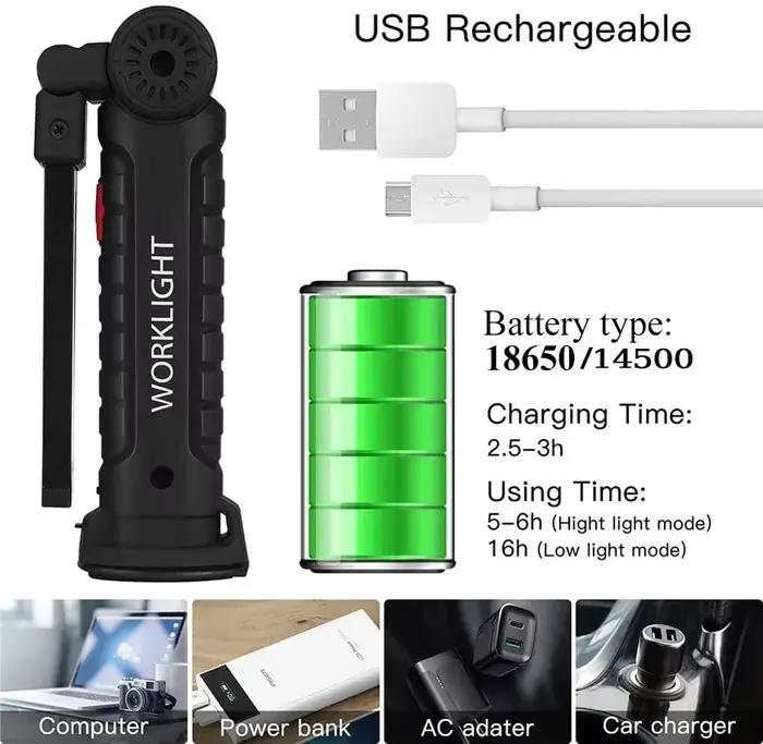 Lampe de poche LED COB, torche Rechargeable par USB, lampe d'inspection avec magnétique, crochet 360 ° Lampe de travail d'urgence extérieure rotative