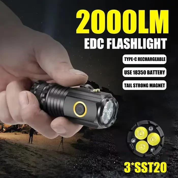 MIni lampe de poche LED puissante 2000LM 3LED lumière Ultra forte 18350 batterie intégrée USB Rechargeable avec aimant torche Portable