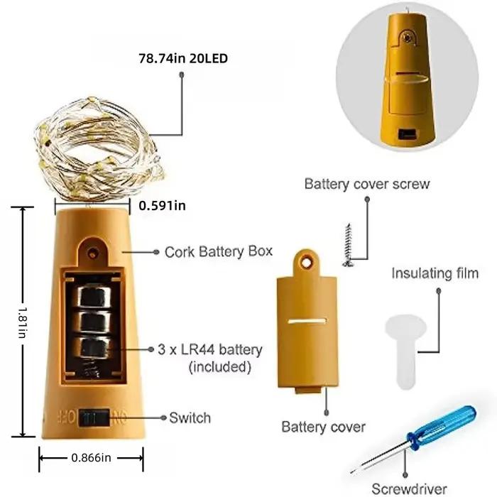 Lot de 2/5/10 lampes bouchon de bouteille de vin 2M20LED blanc chaud, idéales pour les fêtes, mariages, maison, chambre, intérieur, décoration de fête