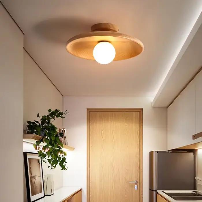 Plafonnier LED en Bois avec Disque Suspendu pour Couloir