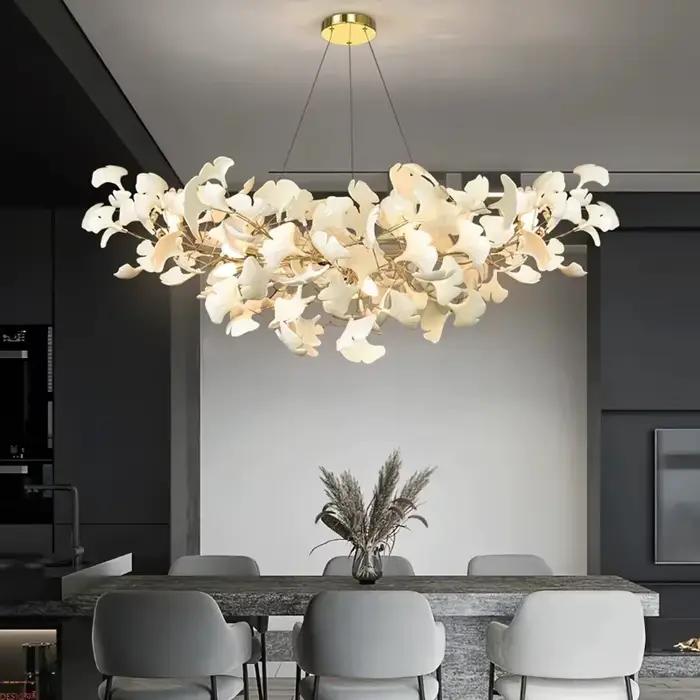 Céramique moderne blanc longue feuille de Ginkgo pendentif LED lumière décoration Villa salon plafond lustre intérieur suspendus lumières