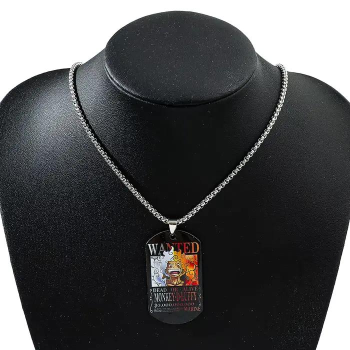 Collier One Piece Luffy avec affiche de recherche de 3 milliards de pièces, pendentif en acier inoxydable imprimé coloré, bijou unisexe, cadeau de vacances