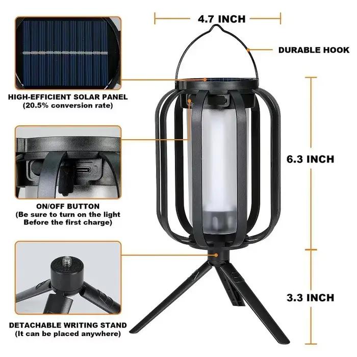 Lanterne de camping rétro à LED avec effet flamme, lampe portable pour tente extérieure, rechargeable, étanche, lampe décorative pour jardin et patio avec trépied