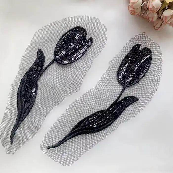 Patch de fleurs en dentelle brodée noire, 1 paire, pour vêtements, accessoires de robe, décor artisanal DIY