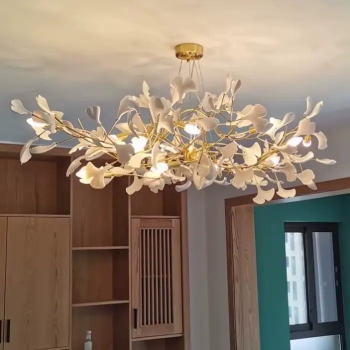 Céramique moderne blanc longue feuille de Ginkgo pendentif LED lumière décoration Villa salon plafond lustre intérieur suspendus lumières