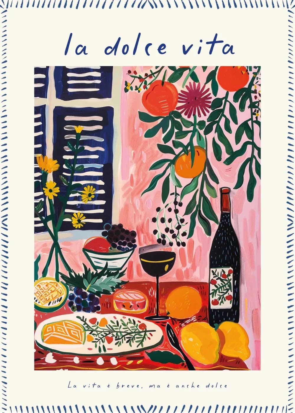 La Dolce Vita Still Life Canvas Wall Art, affiche colorée sur toile avec fruits et vin italiens, déc