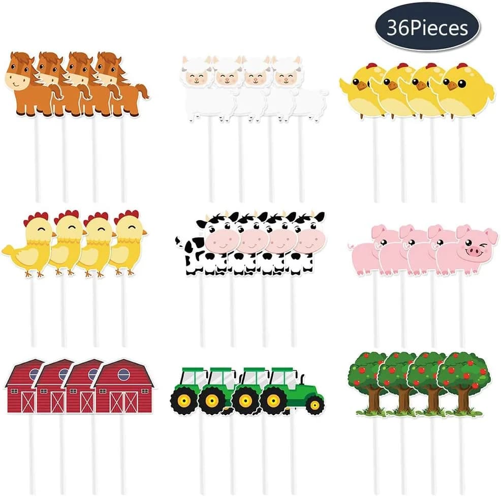 Décoration de gâteau d'animaux de ferme, 36 pièces, figurines de vache, cochon, poussin, mouton, tra