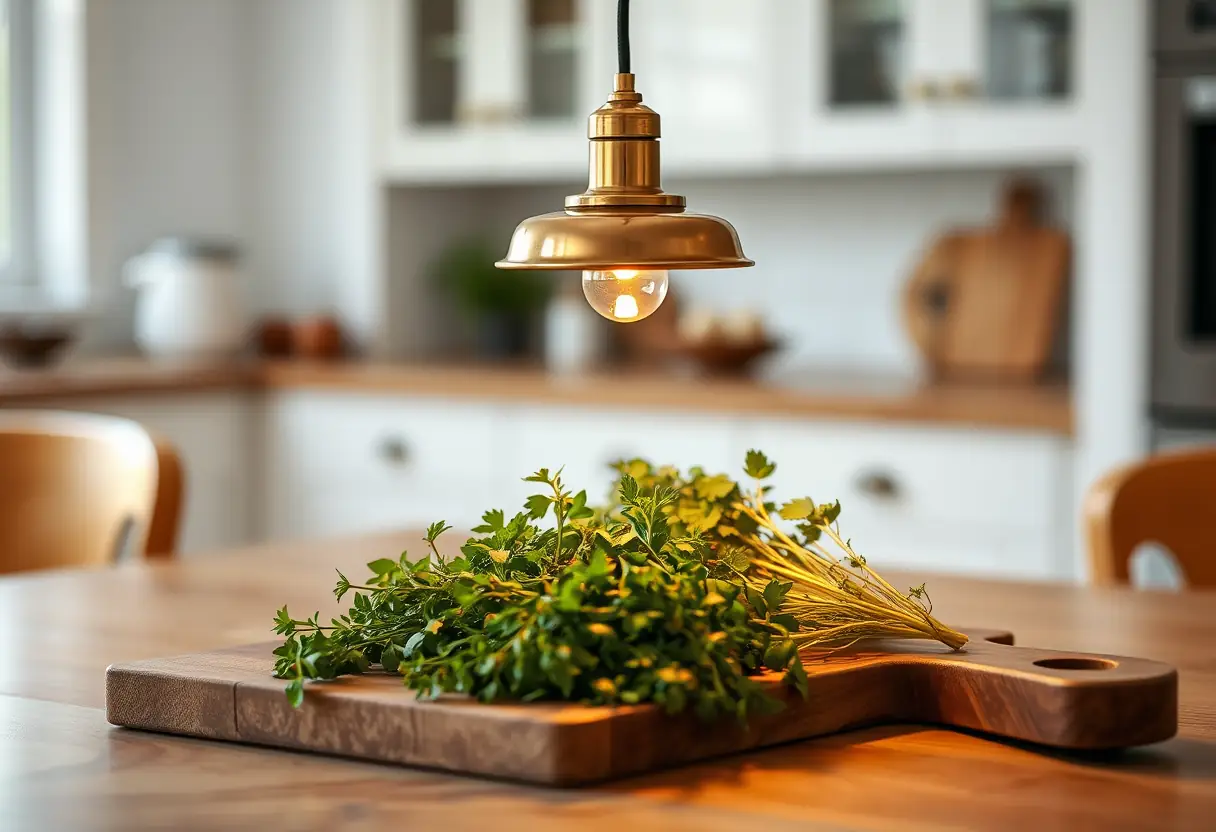 Vue rapprochée d'une applique pendante en métal doré suspendue au-dessus d'un îlot de cuisine, éclairant une planche à découper remplie d'herbes fraîches