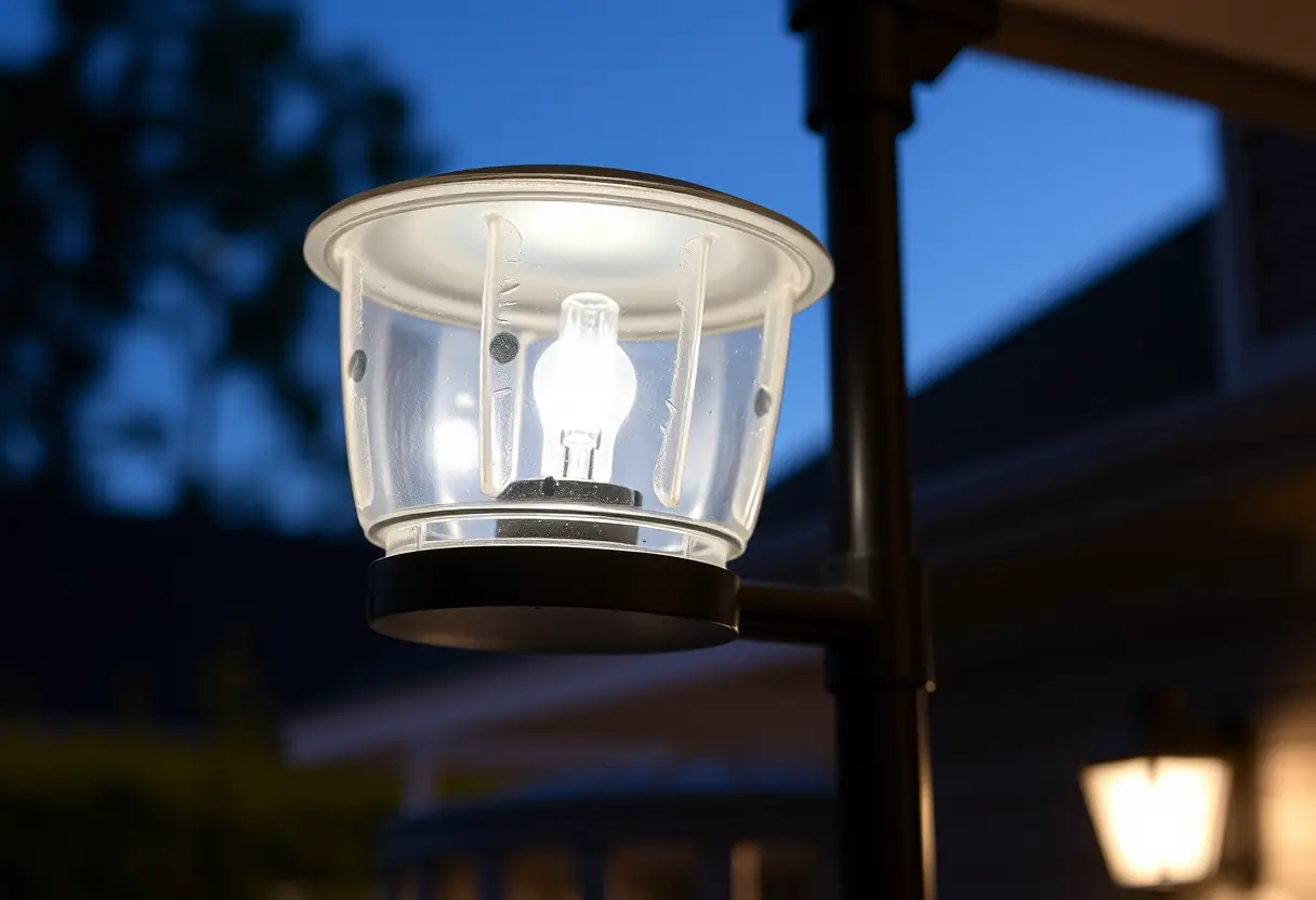 FixTURE extérieur avec ampouLE halOGÈNE au crépuscule