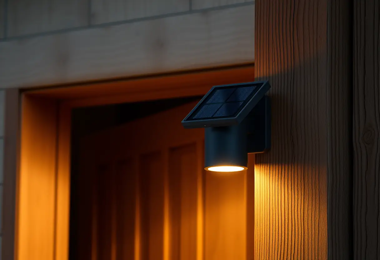Luminaire solaire au-dessus d'une porte en bois