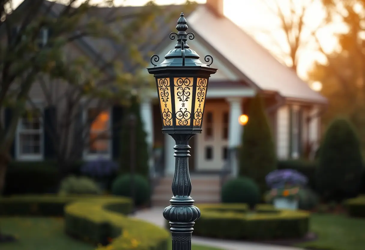 Lampe classique avec des motifs floraux dans un jardin bien entretenu