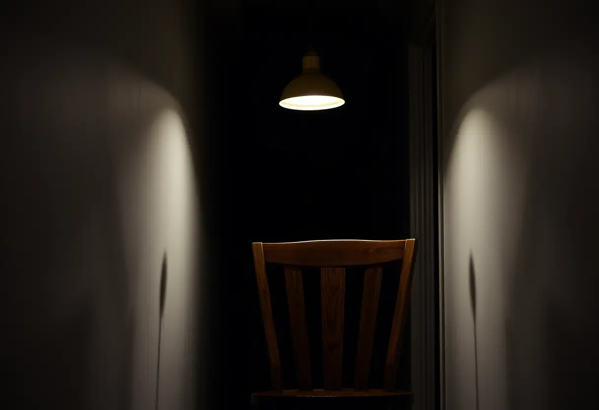 Chaise en bois sous une applique murale dans un couloir sombre