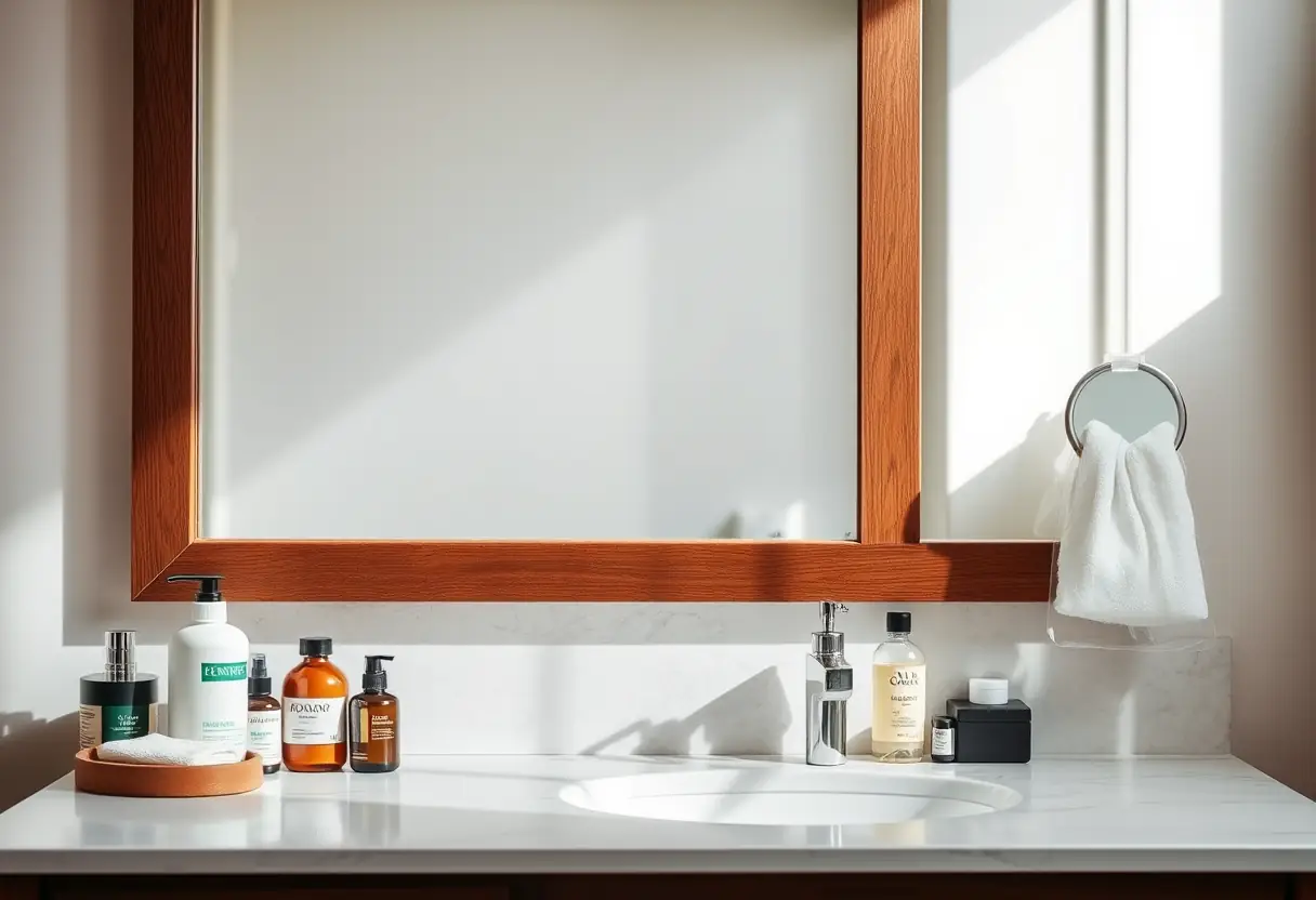 Dark wood framed mirror reflecting bathroom products
