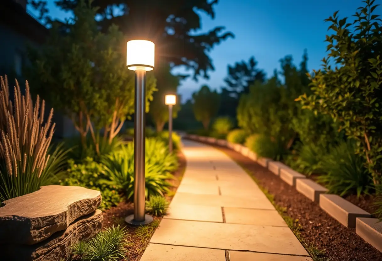 Lumière extérieure moderne éclairant un chemin de jardin
