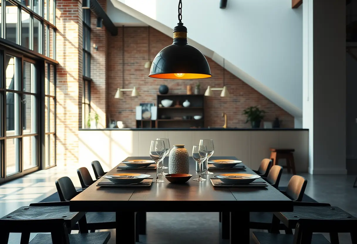 Lampe suspendue industrielle dans un loft moderne éclairant une table à manger