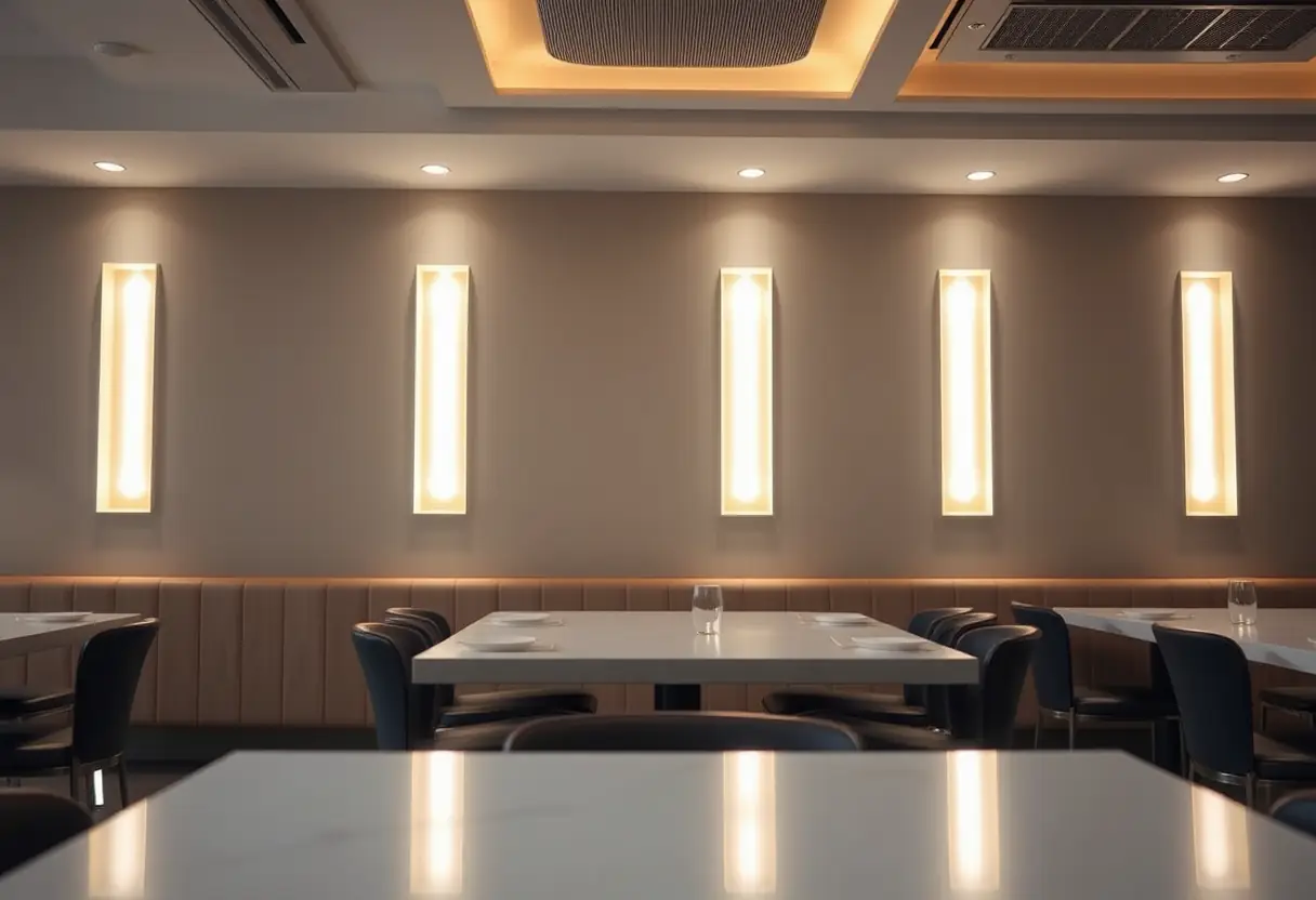 Éclairage discret d'une salle de restaurant avec des appliques murales encastrées