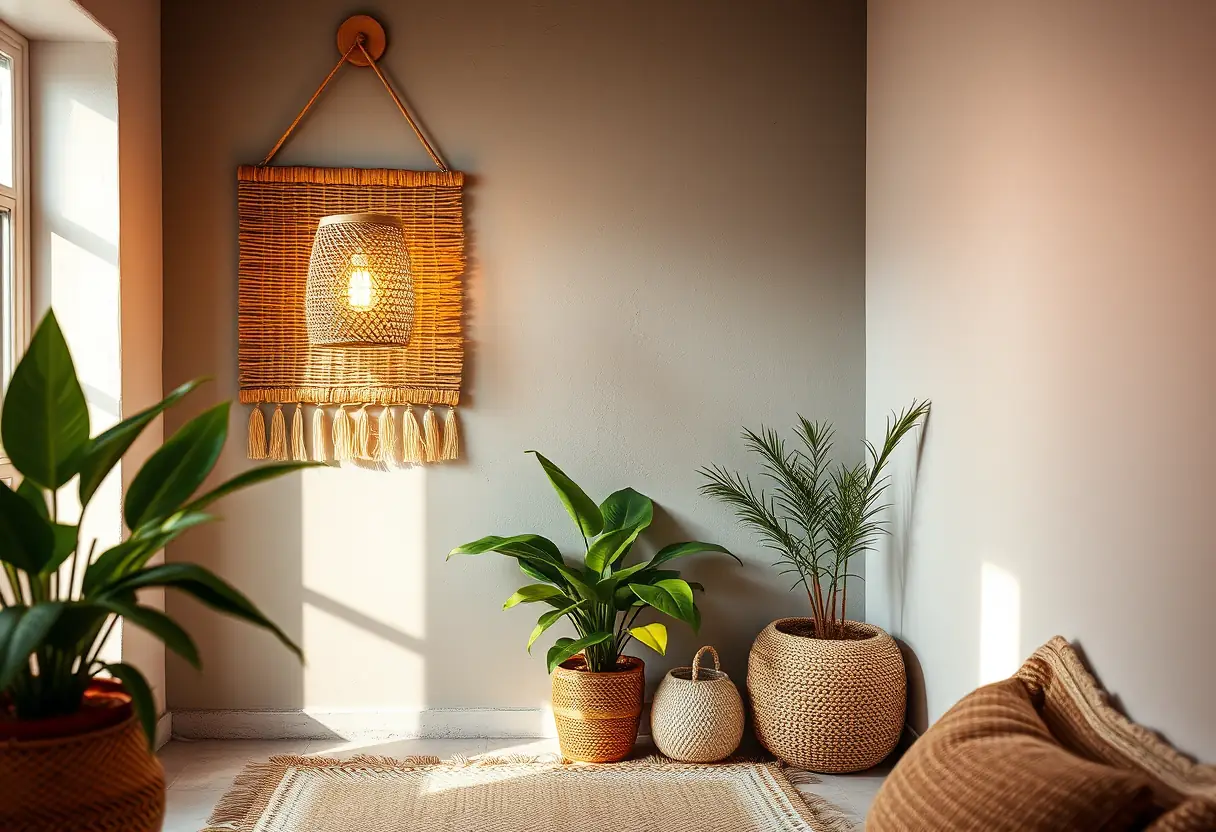 Une applique murale bohème dans un coin accueillant avec tapis et plantes vertes