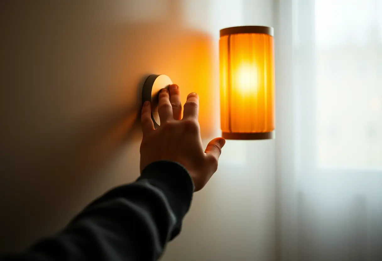 Une main ajustant l'intensité d'une lampe murale en bois