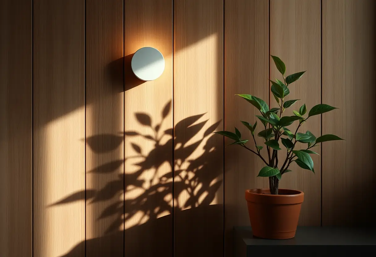 Une applique murale sans fil éclairant une plante en pot dans un intérieur