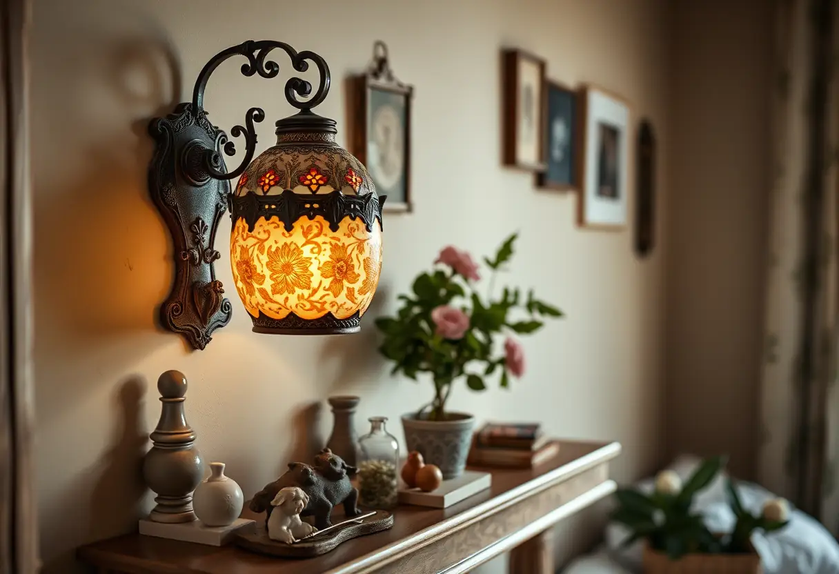 Lampe murale en porcelaine vintage dans une chambre accueillante